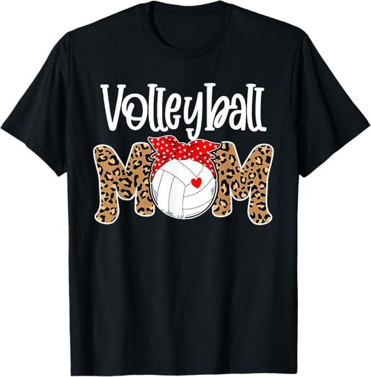 Funny Mother Shirts, Gift For Mom, Volleyball Mom Leopard Messy Bun Game Day Funny Mothers Day T-Shirt - Menswear Top