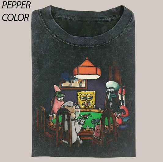 Funny Spongebob Playing Poker Crewneck T-shirt, Meme Genz Dank Graphic Unisex Tee, Gifts Casual Fabric funny  shirts