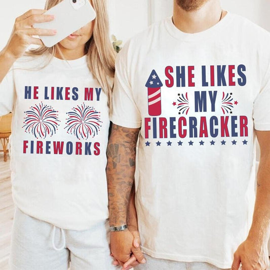 Funny USA Fireworks Couple Shirts, He Likes My Fireworks, 4th Of July Couple Matching Shirts, God Bless America, His and Hers Couple Shirts, Fourth of July TShirt