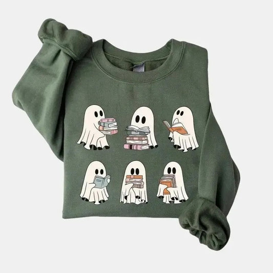 Ghost Reading Books Sweater, Halloween Sweatshirt, Bookish Halloween Sweatshirt, Halloween Teacher Gift, Librarian Halloween Hoodie, Ghost Crewneck, Unisex Classic Cotton
