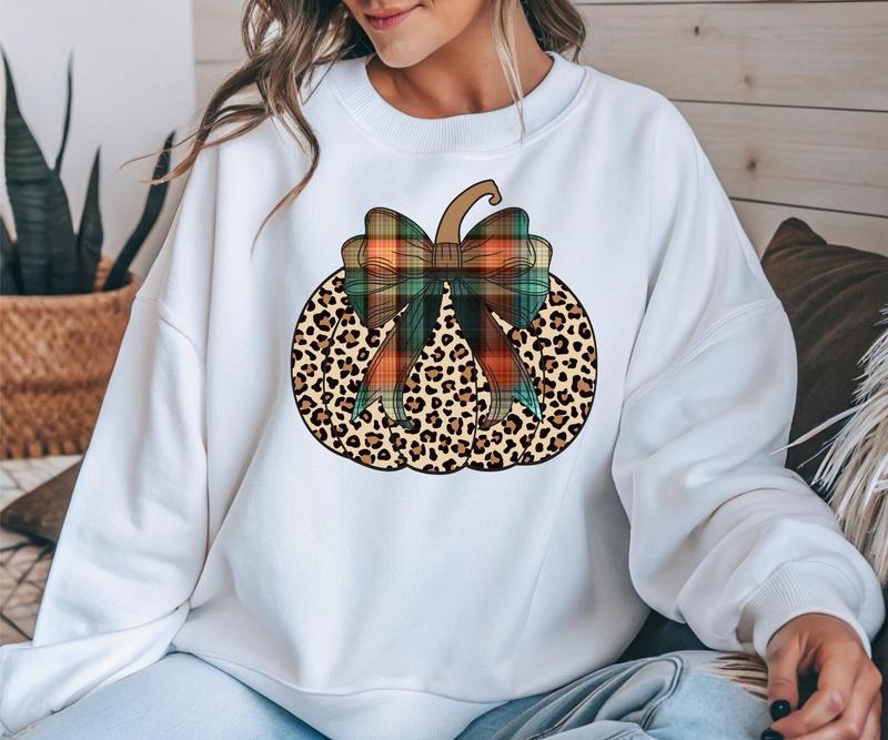 Gildan Cheetah Plaid Pumpkin Crewneck Sweatshirt Long Sleeve Comfortable Casual Women's Chic Everyday Wear Graphic Statement Sweater with Bow Detail