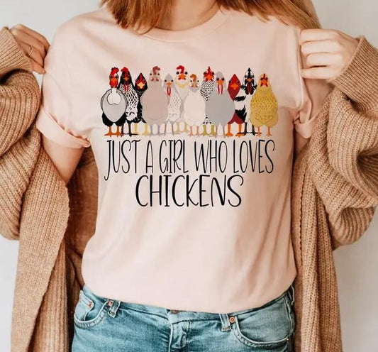 Girl Loves Chickens T-Shirt Boho Girl Tshirt Chicken Farm Tees Casual Clothes Comfort Top Womenswear Graphic Lightweight Short Sleeves