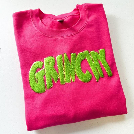 Green Chenille Patch Sweatshirt -- HOT PINK