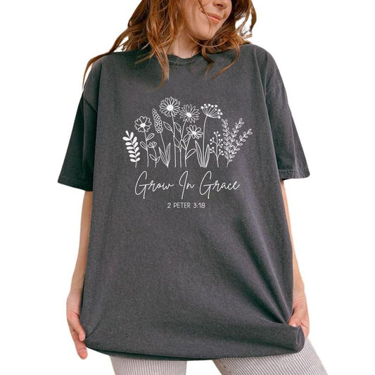 Grow In Grace Shirt, Christian Tee, Grow in Grace with Wildflowers T-shirt, Bible Verse Cotton Fabric Comforts Shirts, Religious Graphic Printed Short Sleeve Tee Shirt, Women Christian Gifts, Cotton Fabric Relaxed Fit Chic Style