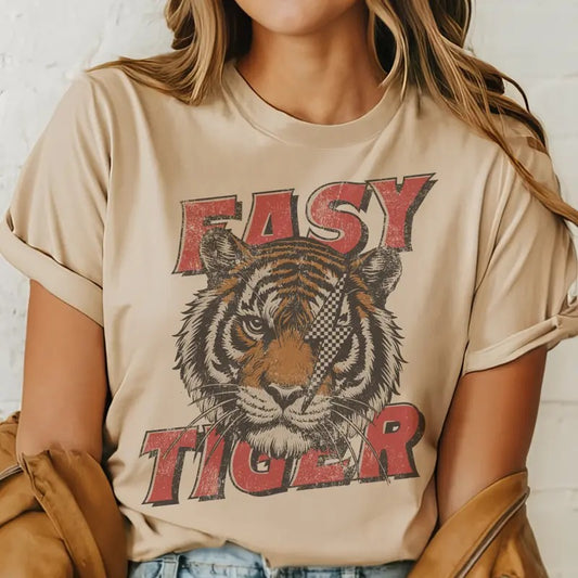 Grunge Easy Tiger Graphic Tee Vintage Lightning Bolt Tiger Tshirt Distressed Easy Tiger T-Shirt Casual Unisex Tiger Graphic Top