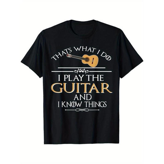 Guitar Print Men's Cotton Graphic T-shirt, Casual Short Sleeve Crew Neck T-shirt, Men's Tee For Outdoor  made in usa