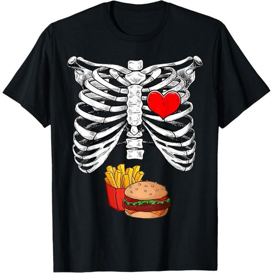 Halloween Dad Skeleton Pregnancy Hamburger Fries Xray Funny T-Shirt made in usa