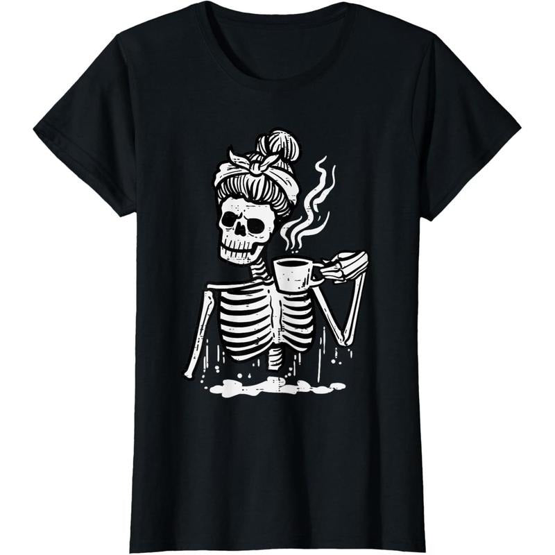 Halloween Skeleton Messy Bun Coffee Funny Costume Mom Women T-Shirt made in usa