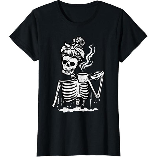 Halloween Skeleton Messy Bun Coffee Funny Costume Mom Women T-Shirt made in usa
