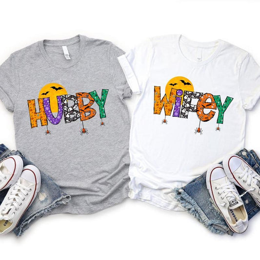 Halloween Wifey and Hubby Shirts Matching Couple T-Shirts Funny Halloween Shirt Halloween Party Tee with Colorful Spooky Designs