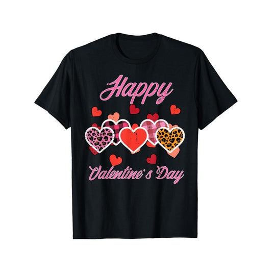 Happy Valentine's Day Men's T-Shirt - Funny Leopard Plaid Hearts, Short Sleeve Cotton Tee for Boyfriend Husband, Novelty Graphic Printed, Machine Washable made in usa