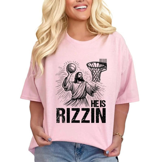 He Is Rizzin Basketball Jesus Shirt, He Is Rizzin Shirt, Funny Jesus Shirt, Humor Easter Shirt, Christian Easter Shirt, Easter Day Outfit Top Womenswear Underwear Lady Shortsleeve Tshirt