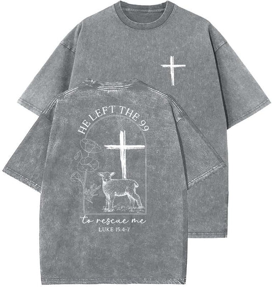 He Left The 99 To Find Me Unisex Washed T-Shirt, Christian t shirts, Vintage 90s Graphic Tee, Gift Top Womenswear Cotton Mineral Color