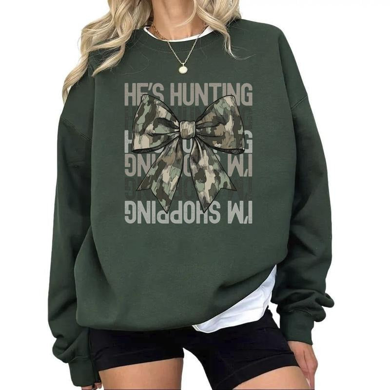 He's Hunting I'm Shopping Coquette Sweatshirt, Unisex Hunting Season Widow, Deer Hunter Gift, Hunter T-shirt, Gift for Hunters Wife, Camo Bow Hoodie
