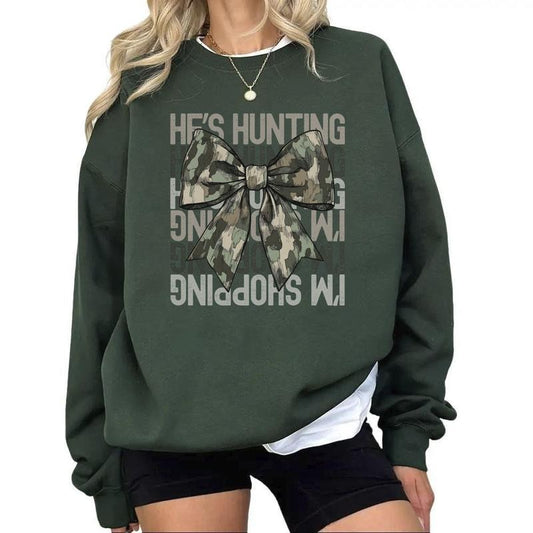 He's Hunting I'm Shopping Coquette Sweatshirt, Unisex Hunting Season Widow, Deer Hunter Gift, Hunter T-shirt, Gift for Hunters Wife, Camo Bow Hoodie