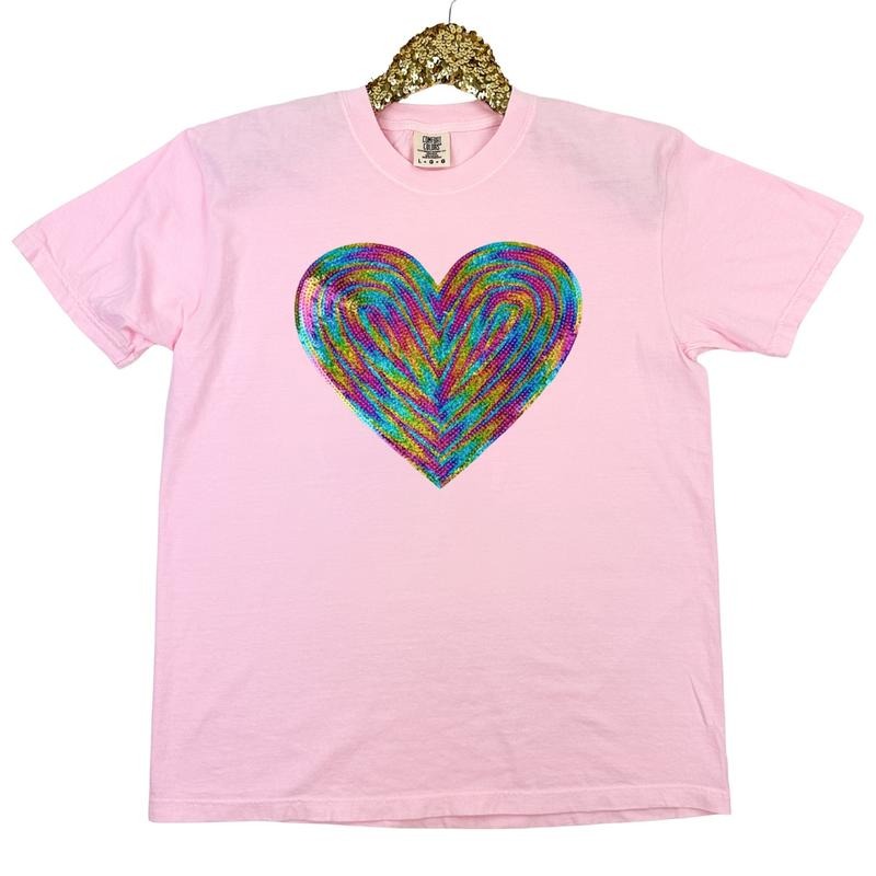 Holographic HEART Sequin Patch Comfort Colors T-Shirt -- BLOSSOM