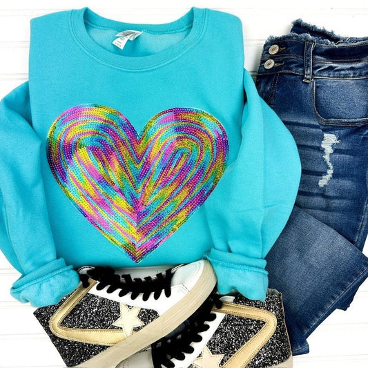 Holographic HEART Sequin Patch Sweatshirt -- SCUBA BLUE