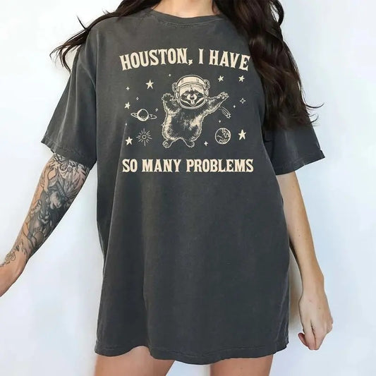 Houston I Have So Many Problems Graphic Shirt, Funny Meme Raccoon Shirt, Raccoon In Space Shirt, Retro Raccoon Outfits, Galaxy Shirt, Trash Panda Shirt, Cute Raccoon Tee For Women, Casual Women's Tops, Comfy Cotton Oversized Tee, Relaxed Fit Chic Style