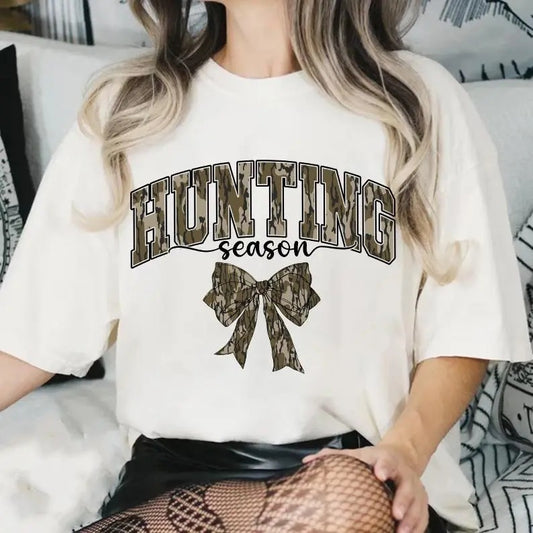 Hunting Season Camo Coquette Bow Sweatshirt, Old School Camo, Girls Camo Bow Tee, Hunting Coquette Bow Camo Dude Shirt, Full Sizes, Full Colors, Cotton Round Neck Tee