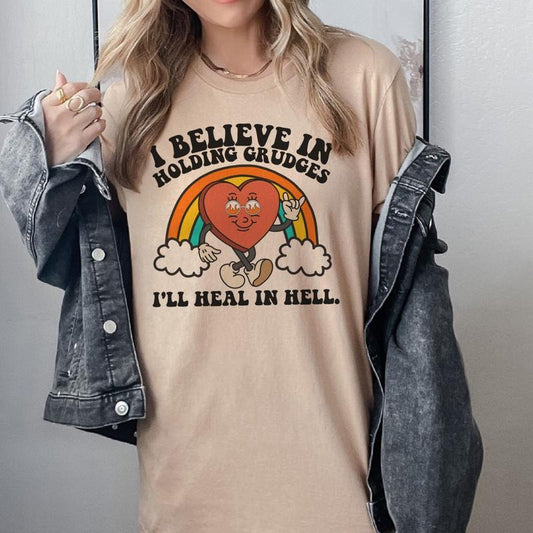 I Believe In Holding Grudges T-Shirt Fun Grudge Tee Quote Sarcastic Tshirt Oversized Fit T-Shirt Comfy Soft Tee Sublimation Print Tshirt Top Womenswear Comfortable Day