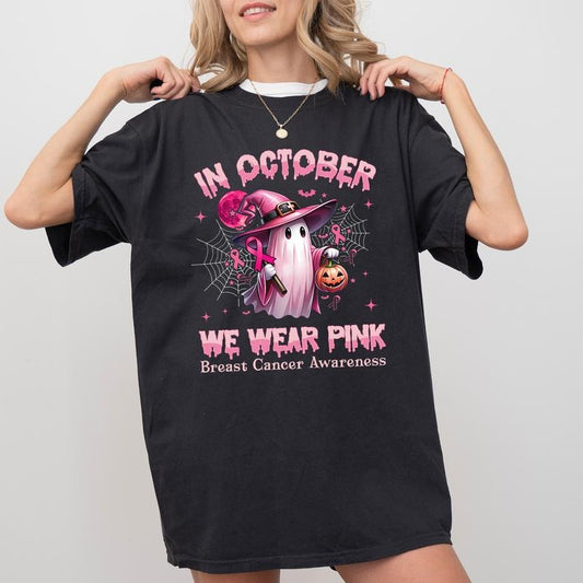 In October We Wear Pink Comfort Colors Shirt, Breast Cancer Awareness Unhinged Tees, Pinky Ghost Breast Cancer Warrior Oversized  Graphic Printed, ChicCotton Co