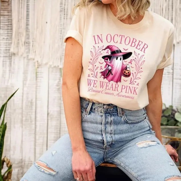 In October We Wear Pink Ghost Shirt, Halloween Ghost Shirt, Pink Ribbon Shirt, Breast Cancer Awareness Shirt, We Wear Pink, Halloween Shirt, Halloween Sweatshirt, Unisex Classic Cotton Tee with Graphic Print in All Sizes, For Men, For Women