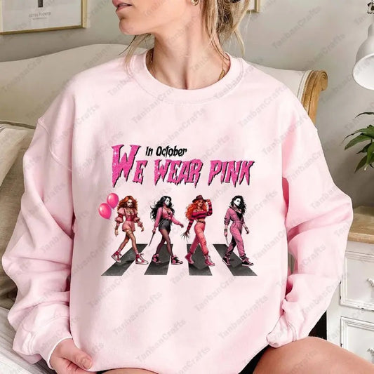 In October We Wear Pink Tshirt Halloween Characters Breast Cancer Awareness Breast Cancer Month Halloween Shirt Funny Halloween Characters Shirt