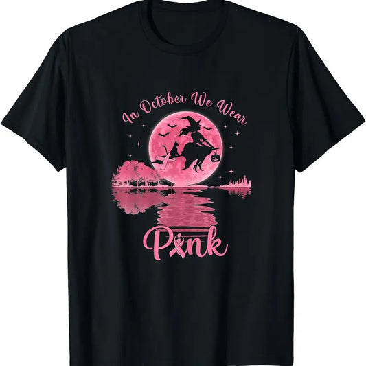 In October We Wear Pink Witch Breast Cancer Halloween T-Shirt | Unisex Cotton Tee, Short Sleeve, Size S-5XL
