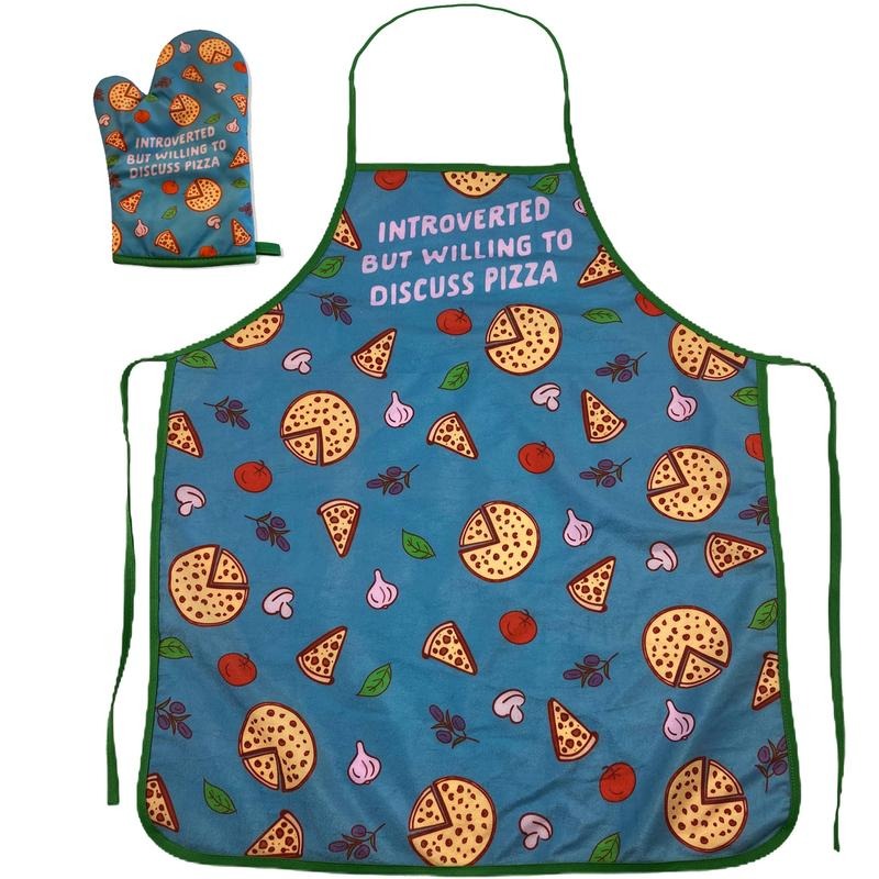 Introverted But Willing To Discuss Pizza Funny Baking Cooking Graphic Kitchen Accessories Funny Graphic Kitchenwear Funny Food  Novelty Cookware Blue