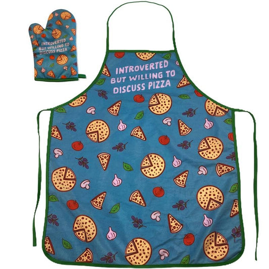 Introverted But Willing To Discuss Pizza Funny Baking Cooking Graphic Kitchen Accessories Funny Graphic Kitchenwear Funny Food  Novelty Cookware Blue