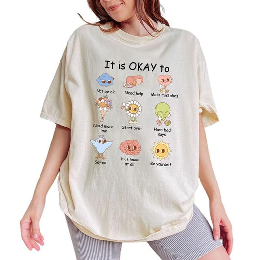 It's Okay Not To Be Okay Shirt, Mental Health Shirt For Women, Inspirational Vintage Graphic Printed Tee, Motivational Shirt, Mental Health Matters Comfy Fabric Oversized Graphic Tee, Women's Tops, Womenswear Cotton Fabric Tee