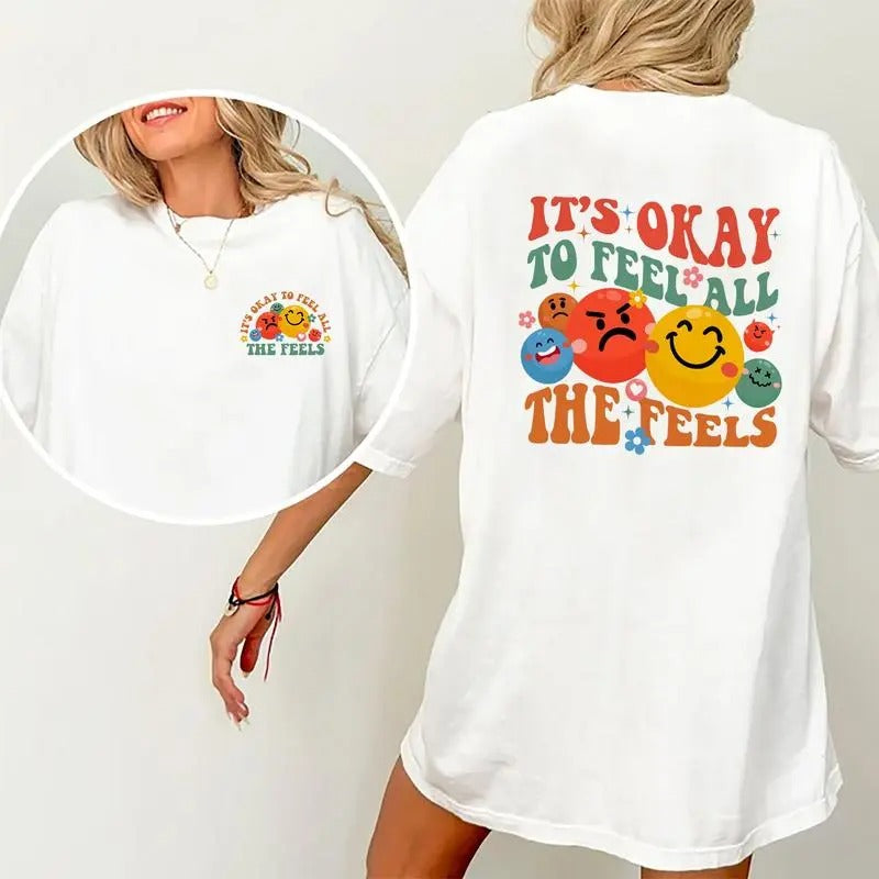 It's Okay To Feel All The Feels Shirt, Mental Health Awareness Tee, Mental Health T-shirt, Speech Therapy Women Graphic Printed Short Sleeve T-shirt, Cotton Fabric Comfort Shirt For Women, Women's Tops, Womenswear Cotton Fabric Relaxed Fit Chic Style