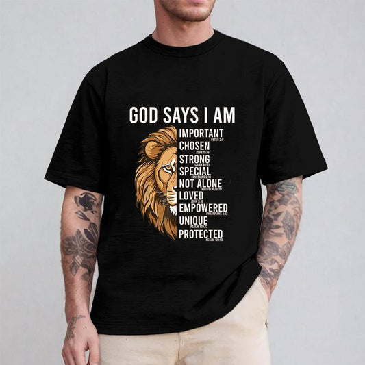 Jesus God Says I Am Lion Christian Shirt Casual Style Crew Neck Short Sleeve T-Shirt Tops Trendy for Unisex, Perfect Gift