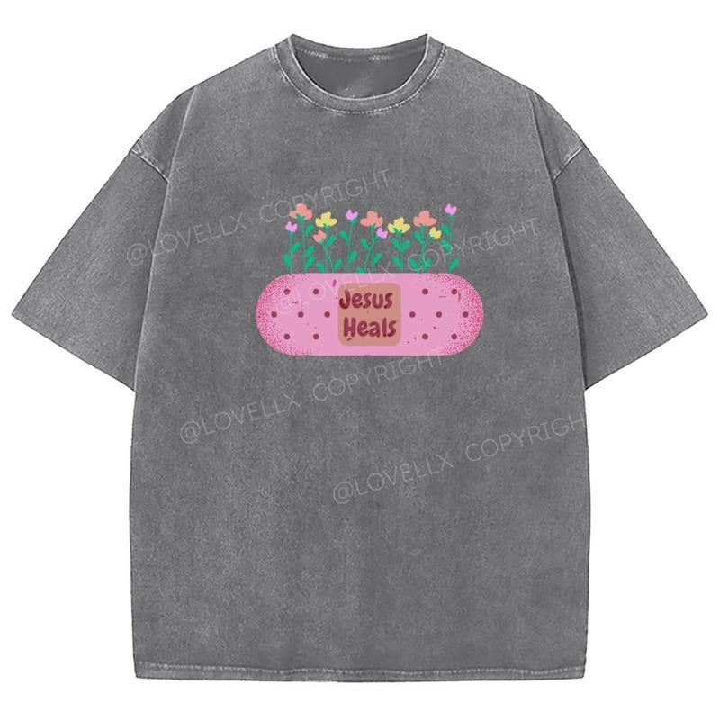Jesus Heals Washed T-Shirt, Christian Jesus  t shirts, Vintage 90s Graphic Tee Gift Cotton Top Womenswear Bottom