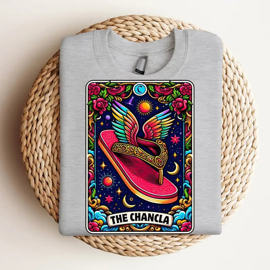 La Chancla Tarot Card - Crewneck Sweatshirt, Mental Health, Funny Tee, Bright Graphic, Funny Apparel, Gift Idea, Relaxed Fit, Casual Apparel, Cute Top, Great with Jeans, All Seasons, Fun Style, Comfortable Shirt