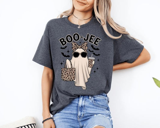 Leopard Print Boo - Jee Halloween Ghost with Coffee. Casual Everyday Softstyle Halloween Unisex T-Shirt.