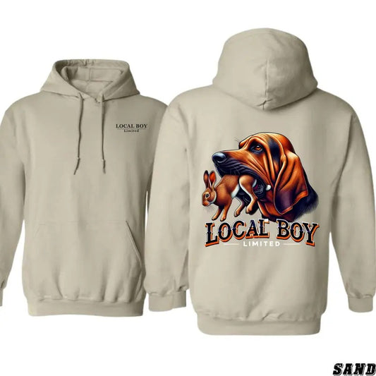 Local Boy Hunting Hound Hoodie, Rabbit Tracker Graphic Hoodie, Outdoor Adventure Menswear, Country Style Graphic