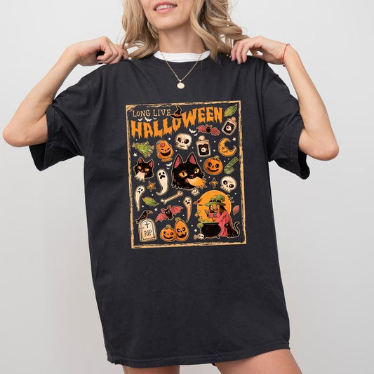Long Live Halloween Tee, Retro Halloween Graphic T-shirt, Vintage Halloween Unhinged Shirt, Spooky Season Tee, Pumpkin Shirt, Black Cat Halloween Shirt, Comfy Fabric Graphic Tee, Women's Tops, Womenswear, Cotton Fabric Relaxed Fit Chic Style