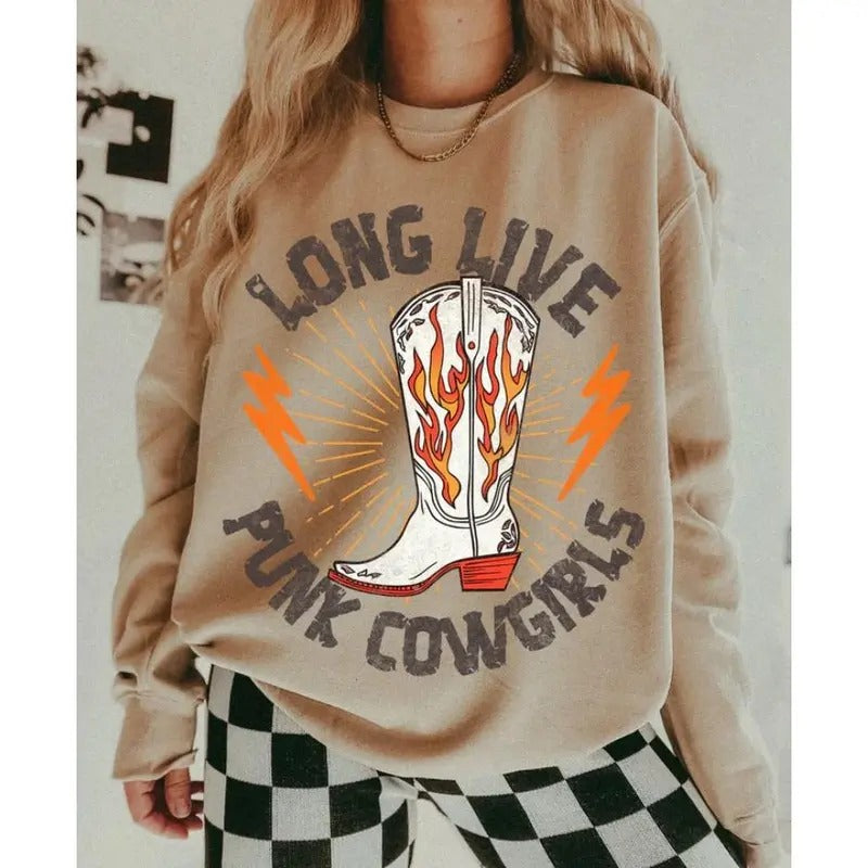 Long Live Punk Cowgirls Crew sweatshirt, graphic tees women, western outfits women, western tops clothing, rodeo cowgirl outfits women, country concert outfits, shirt, sweatshirt, hoodie
