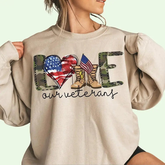 Love Our Veterans Sweatshirt, Memorial Day Shirt, Independence Day Gift, American Flag Shirt, Republican Gifts, Patriotic Shirt,Veteran, Cotton Round Neck Tee, Unisex Tshirt for Men and Women, Menswear, Womenswear, Lady Top Fabric Printed  Comfort