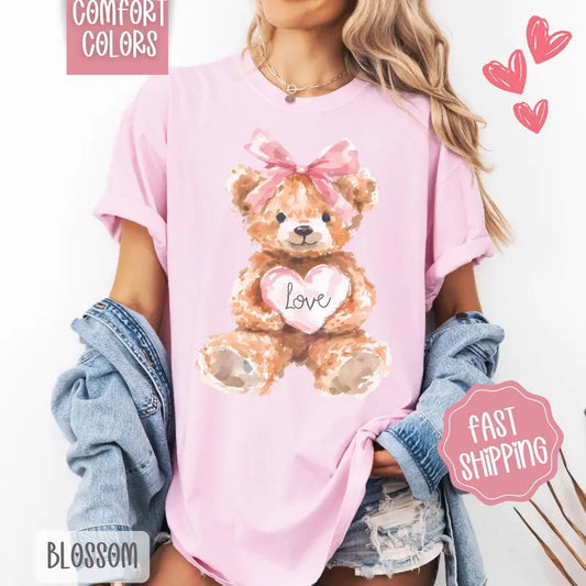 Love Teddy Bear Shirt Comfort Colors, Valentine's Day Women's Tee, Holiday Women's Tshirt
