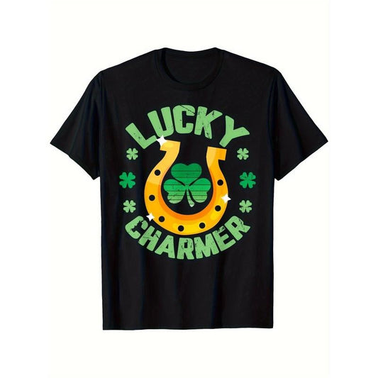Lucky Charm St. Patrick's Day Men's T-Shirt - 100% Cotton, Crew Neck, Short Sleeve, Black with Green & White Shamrock & Horseshoe Design, Relaxed Fit, Sizes S-XXXL, Lightweight 180g, Perfect for Holiday Festivities made in usa