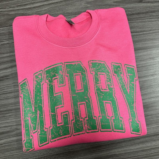 MERRY green on Hot Pink Gildan Sweatshirt