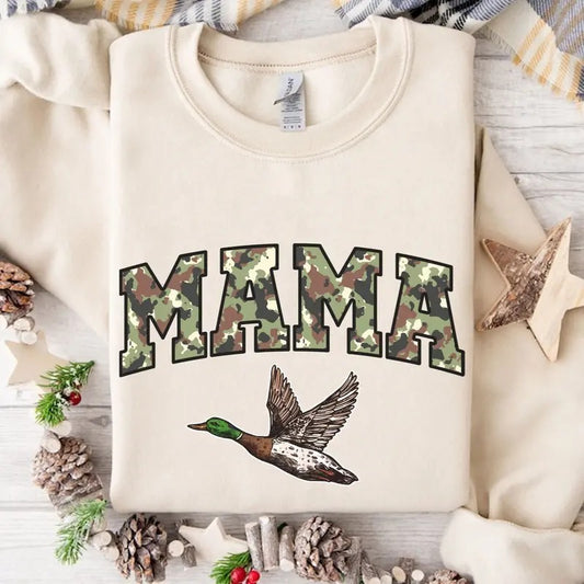 Mama Duck Hunt Camo Bottomland Pattern Crewneck Sweatshirt, Mama Hunting Season Tee