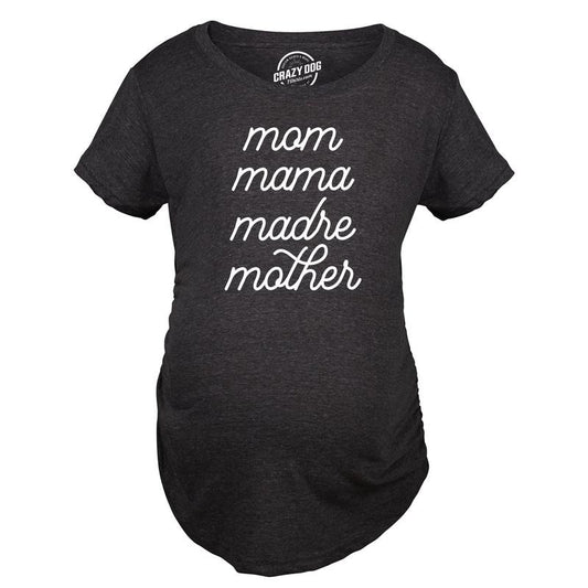Maternity Mom Mama Madre Mother T Shirt Cute Mother's Day Different Moms Spellings Novelty Graphic Tee for Mother To Be Funny Graphic Maternity Tee Cute Pregnancy Tees With Plus Sizes Mother's Day Black