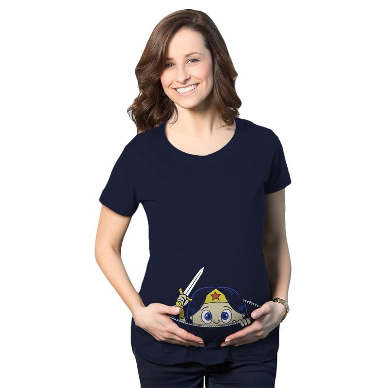 Maternity Peeking Women Warrior Superhero Pregnancy Shirt Funny Graphic Maternity Tee Cute Pregnancy Tees With Plus Sizes Funny Maternity Short Sleeve Funny Maternity Shirts Navy