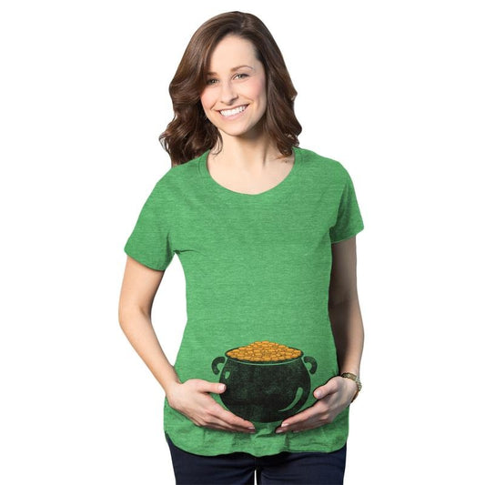Maternity Pot of Gold Baby Bump Funny Saint Patricks Day Announcement T Shirt Funny Graphic Maternity Tee Cute Pregnancy Tees With Plus Sizes Saint Patrick's Day Maternity Wear Funny Maternity Shirts Green