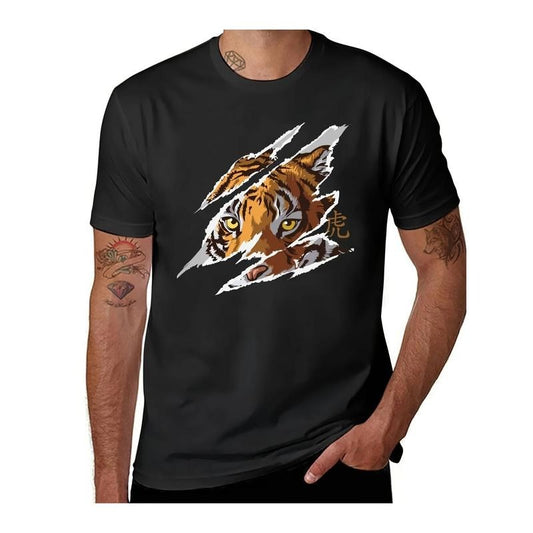 Men'S Casual Cotton T-Shirt, Crew Neck, Short Sleeve, Regular Fit, Geometric Tiger Graphic, 100% Cotton Pullover with Slight Stretch, for All-Season Adult Tee made in usa