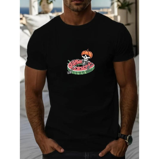 Men'S Summer Casual T-Shirt with Skeleton Pumpkin and Watermelon Float Graphic, Polyester Blend Crew Neck with Slight Stretch, Knit Fabric, Solid Color - Regular Fit made in usa