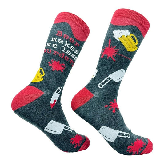 Men's Beer Makes Me Less Murdery Socks Funny Killer Ale Drinking Joke Footwear Funny Graphic Socks Comfortable Fitted Spandex Cotton